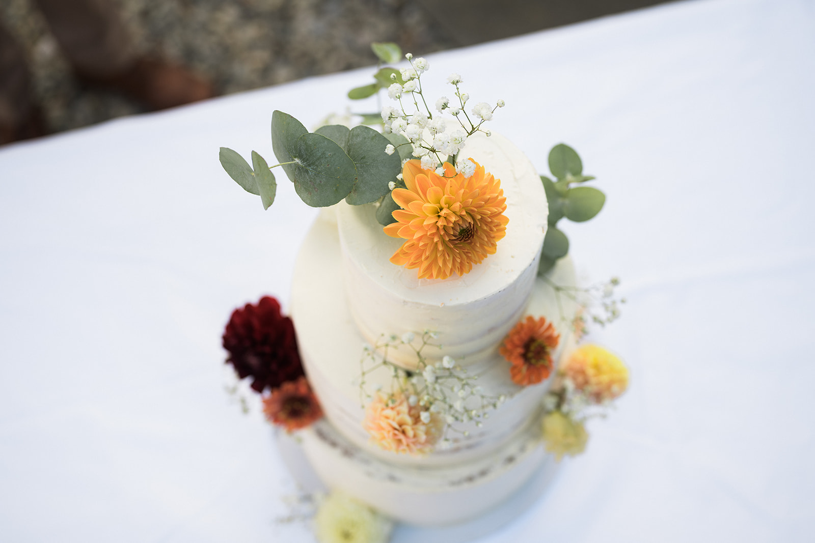 Dreistöckige, angeschnittene Hochzeitstorte im Semi-Naked-Cake-Stil, dekoriert mit Schleierkraut, Eukalyptus und frischen Blüten. Der Anschnitt zeigt mehrere Schichten Biskuit und dunkle Beerenfüllung.